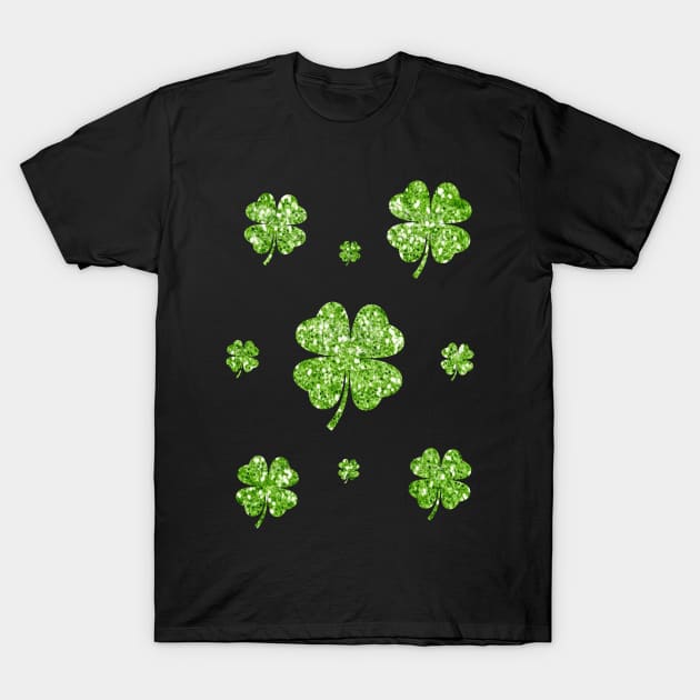 St Patricks Day, Green 4 Leaf Faux Glitter Clovers T-Shirt by Felicity-K